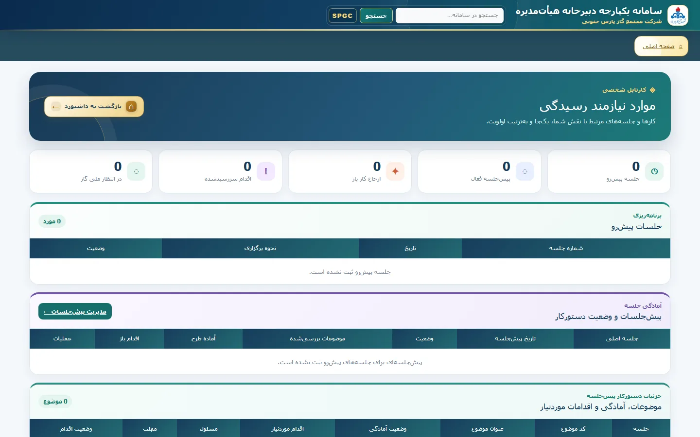 نمای واقعی کارتابل شخصی سامانه با داده‌های آزمایشی